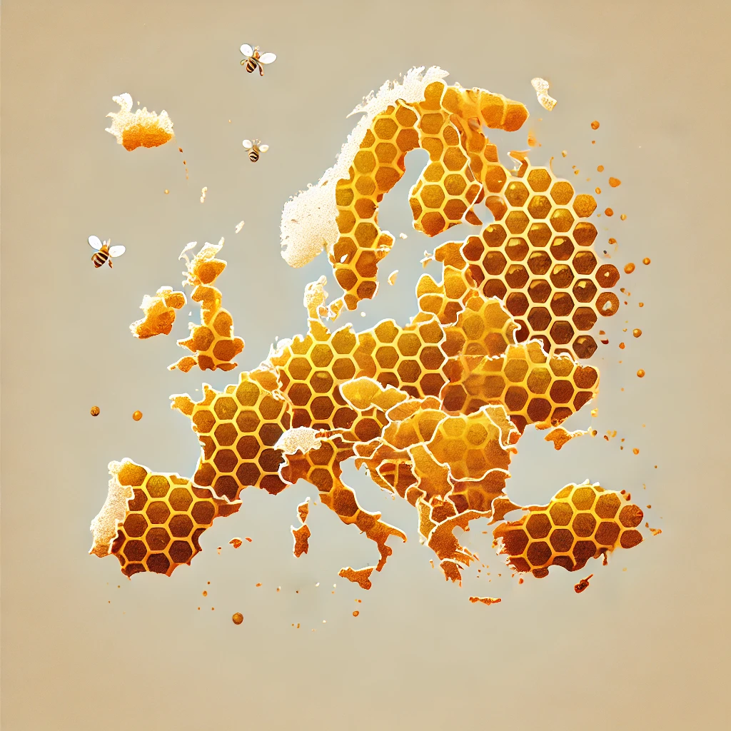DALL·E 2025-01-20 22.13.51 - A clean and artistic map of Europe in a honey or bee-related theme, with warm, natural honeycomb-like tones. No text, labels, or flags are present. Th